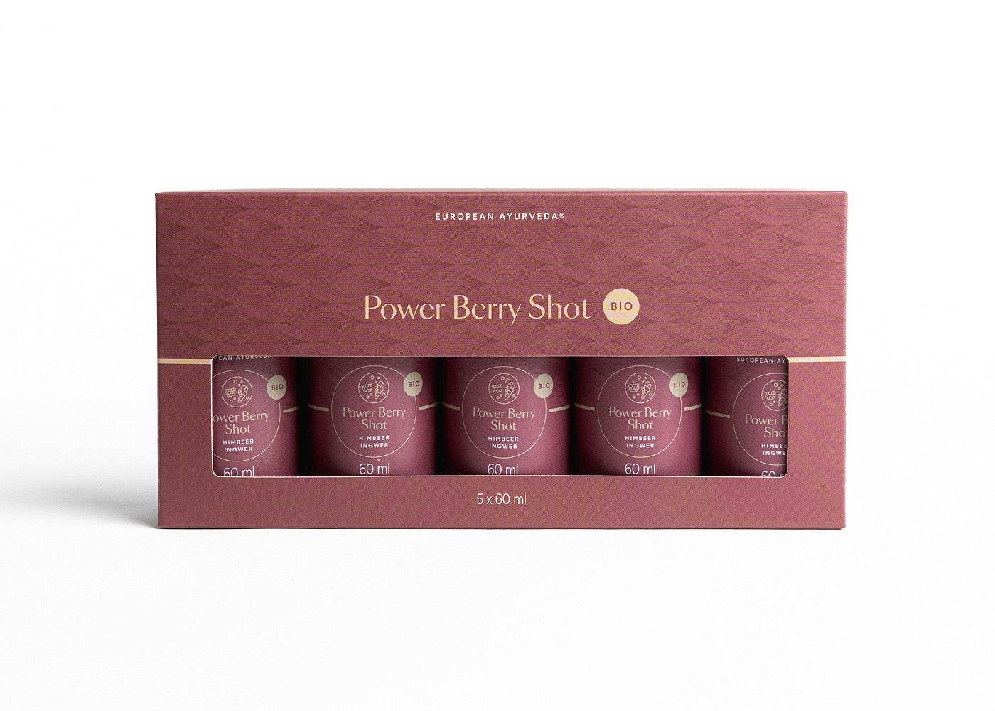 European Ayurveda Power Berry Shot Bio im 5er Pack – ayurvedischer Ingwer-Beeren Shot mit natürlichen Zutaten.